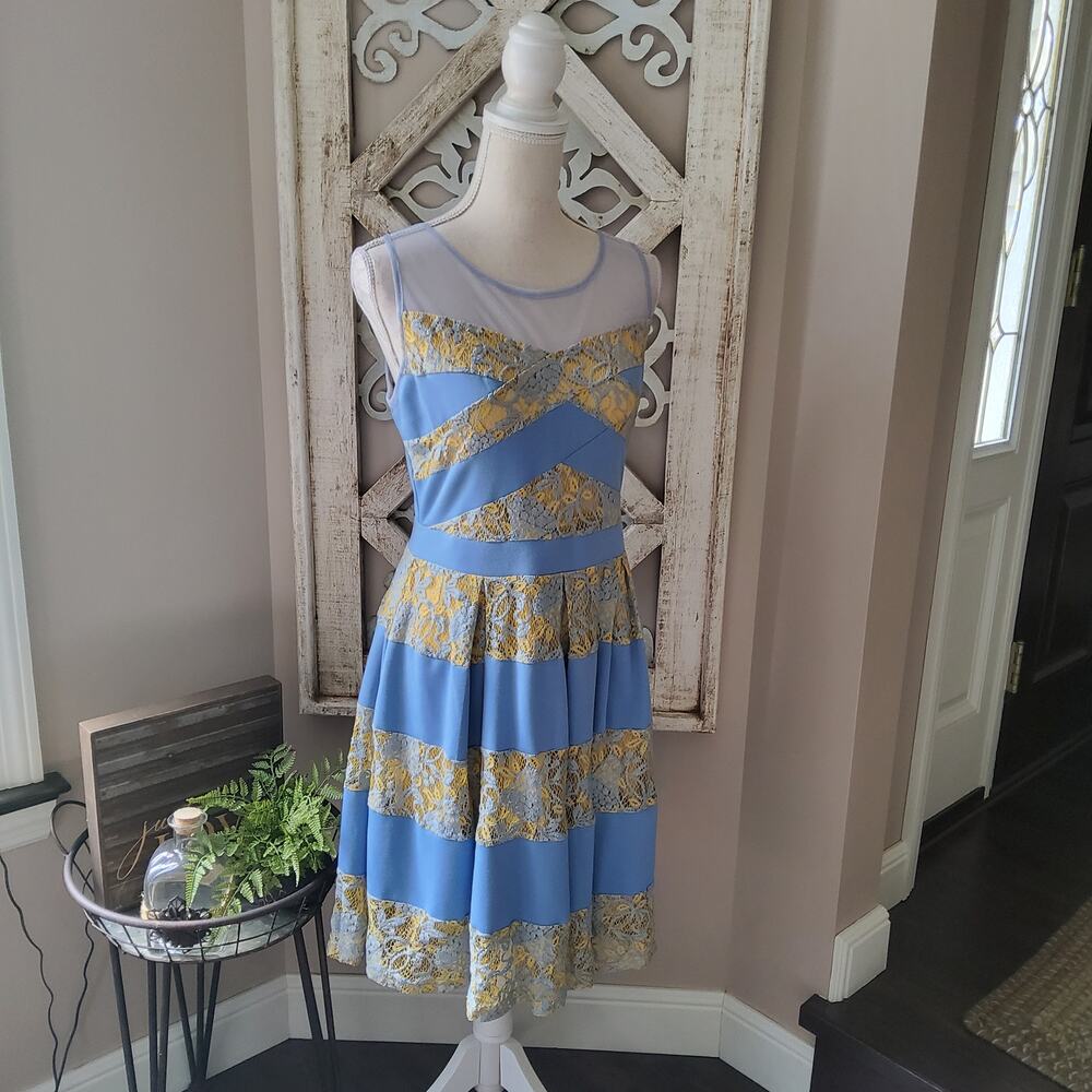 Ryu Women's Feminine Sleeveless Fit & Flare Lace Midi Dress in Blue & Gold